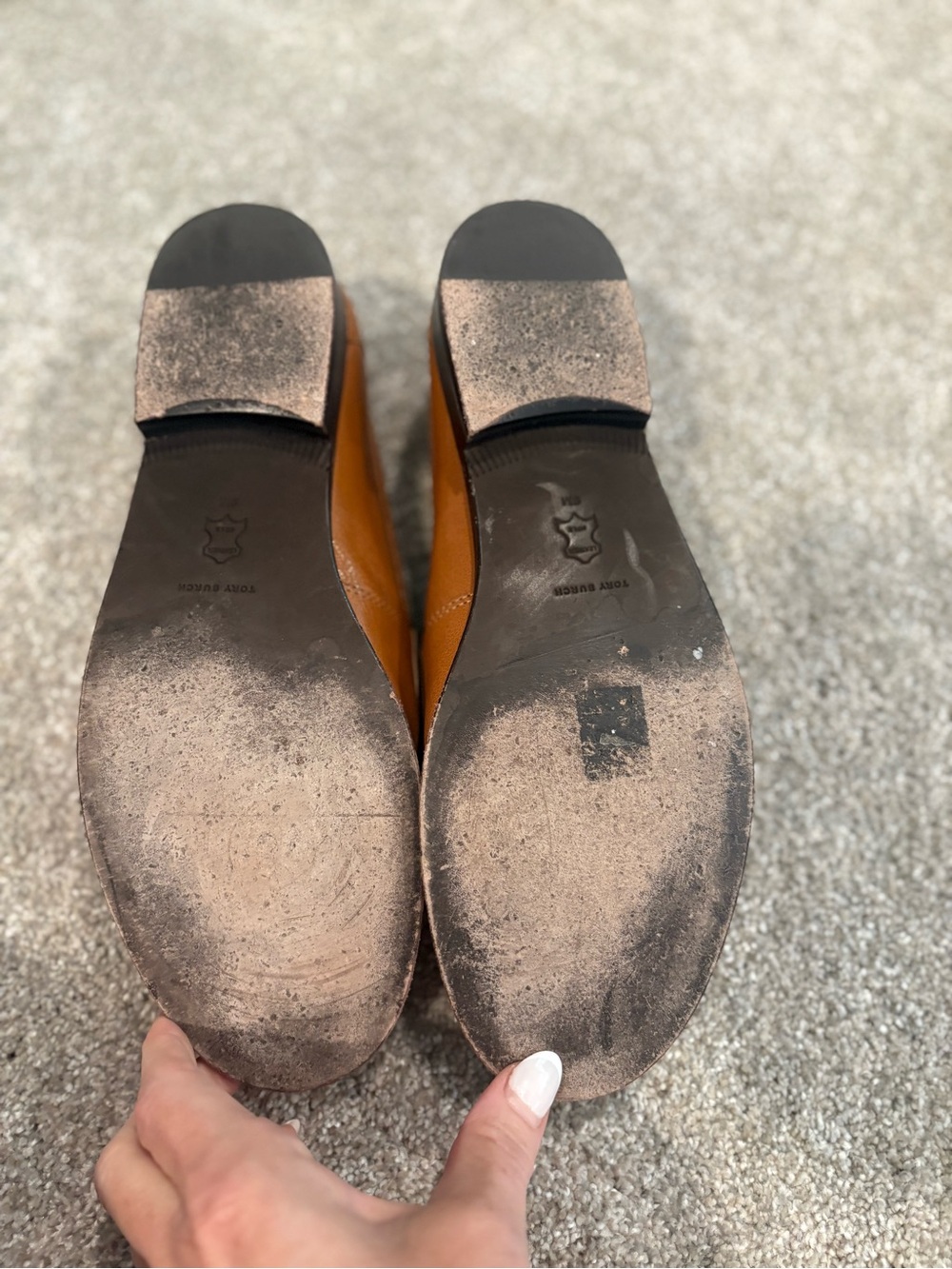 Women’s Tory Burch Tan Leather Penny Loafers with Gold Accent - Picture 4 of 4